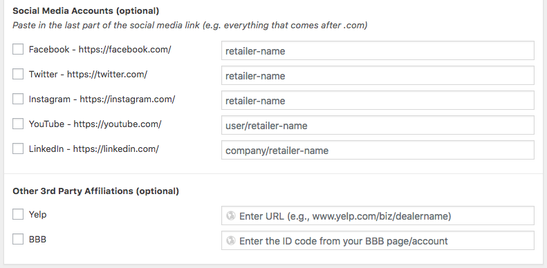 Changing social media & yelp fields